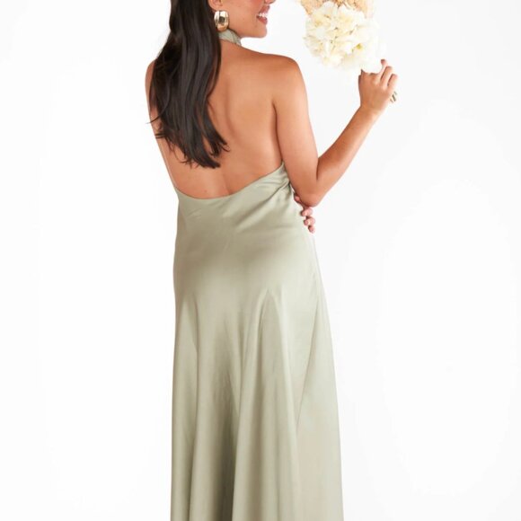 SHOW ME YOUR MUMU Jasmine Halter Midi Dress In Moss Green Luxe Satin - Picture 3 of 6